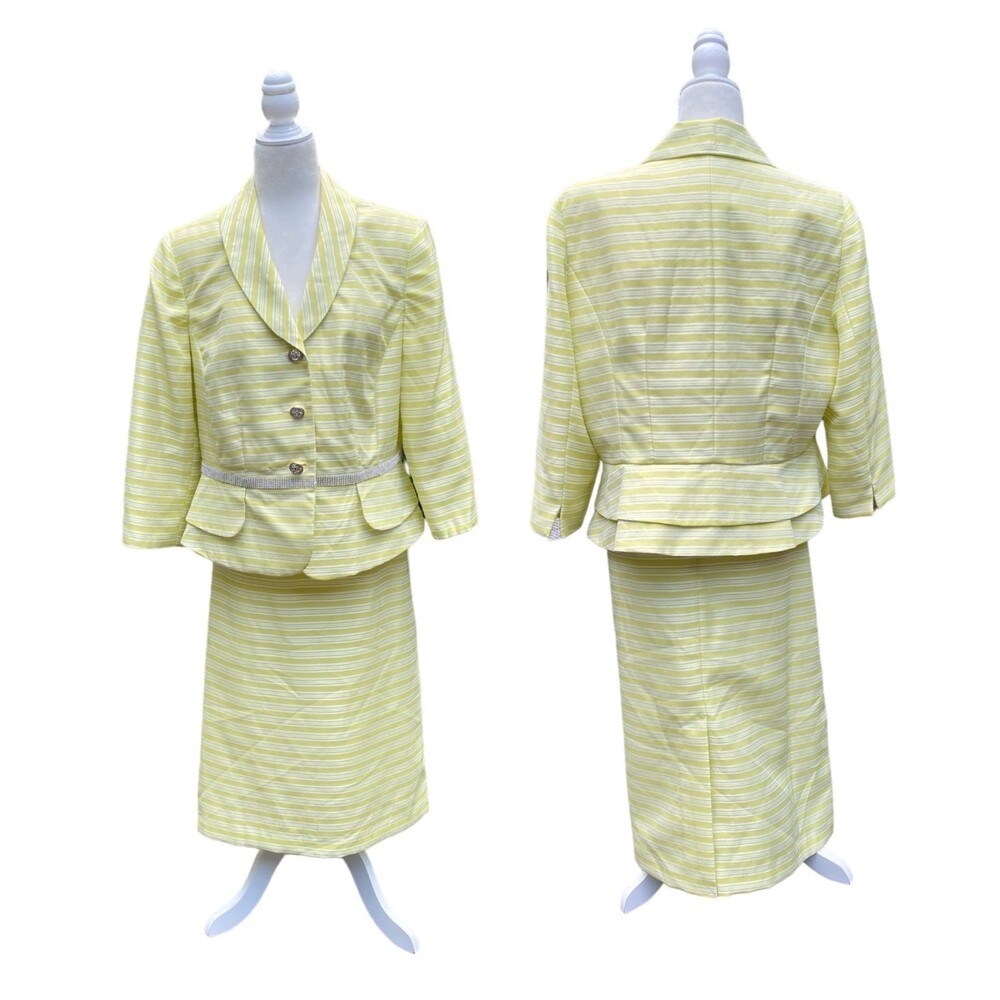 Nicolette 2-Piece Striped Peplum Skirt Suit Yellow Silver White Size 18 Elegant